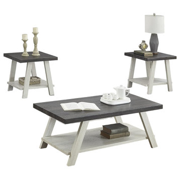 3 Pcs Coffee Table Set, Angled Legs With Lower Shelf & Large Top, Charcoal/Gray