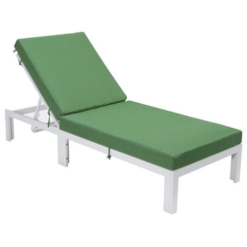 Leisuremod Chelsea Outdoor White Chaise Lounge Chair With Cushions, Green