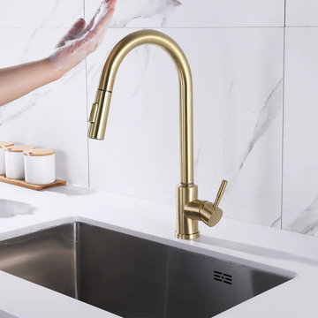 Brushed Gold Touch Kitchen Faucet Stainless Steel Pull Out Spray Single Handle