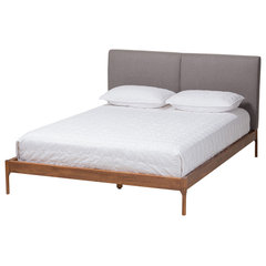 Elba Mid Century Modern Upholstered Walnut Platform Bed