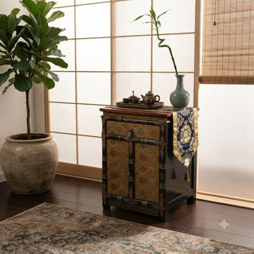 Tibetan Style Geometric Graphic Brown Golden Yellow End Table Nightstand ws4994