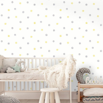 Over the Rainbow Watercolour Polka Dots Wallpaper Grey / Yellow