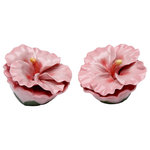 Cosmos Gifts Corp - Hibiscus Rosa Salt and Pepper Shakers, Set of 2 - The Hibiscus Rosa Salt and Pepper Shakers make a pretty and functional addition to a kitchen or dining table. Hand-painted in glossy pink and green, these porcelain hibiscus shakers are vibrant and sophisticated.