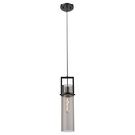 Innovations Lighting - Utopia 1 Light 15" Stem Hung Pendant, Matte Black, Plated Smoke Glass - Modern and geometric design elements give the Utopia Collection a striking presence. This gorgeous fixture features a sharply squared off frame, softened by a round glass holder that secures a cylindrical glass shade.