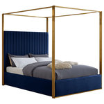 Meridian Furniture - Jones Upholstered Bed, Navy, King, Velvet - Dream big in the Jones navy velvet canopy bed. This handsome Meridian Furniture bed has a channel tufted headboard, giving the bed a regal and sophisticated look. The headboard is tufted for added elegance, and the bed comes with a brushed brass metal canopy, adding to its overall elegance and grandeur. Navy velvet fabric used on the sides and headboard gives it a luxe vibe, and the headboard is heavily padded, making it an ideal backrest for reading or watching TV.