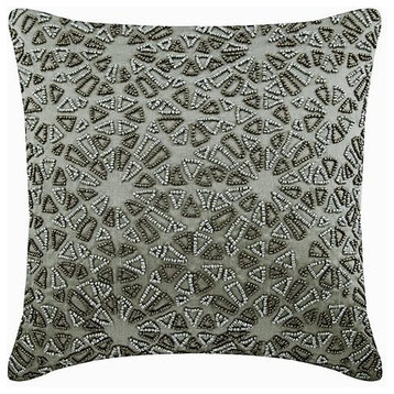Silver Pillow Cover, Silver and Gray Beaded 22"x22" Silk, Cool Chrome