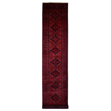 Red Hand Knotted Tribal Design Wool Afghan Khamyab Runner Oriental Rug, 2'9"x16'