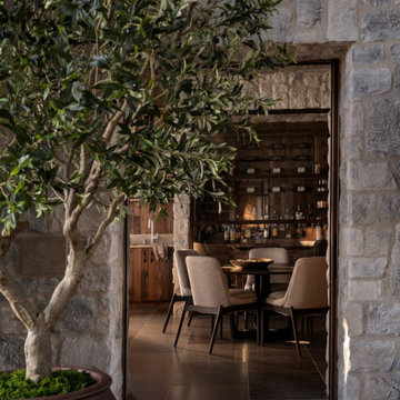 Antique Elm Flooring in Interlachen Modern Lakehouse Stone Archway