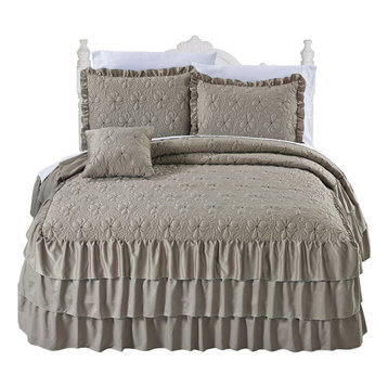 Matte Satin Ruffle 4 Piece Bed Spread Set, Taupe, Queen