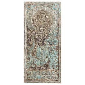Consigned Vintage Carved Krishna Green Accent Door, Artistic Ornate Door