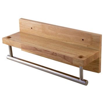 ALFI 16" Wooden Shelf with Chrome Towel Bar Bathroom Accessory, Natural Wood