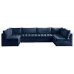 Meridian Furniture - Jacob Velvet Upholstered 6-Piece U-Shaped Modular Sectional, Navy - Create the ideal seating arrangement for your space when you pick and choose the elements you like mostincluding this Jacob velvet modular sectional. Mix and match items in the Jacob collection to bring your living space or family room together with a personalized slant. Soft navy velvet upholstery is soft and welcoming to the touch, adding a luxurious feel to everyday seating. Deep channel tufting adds to the piece's durability, and latches underneath the unit make it easy to attach to other pieces in the collection.