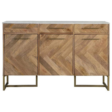 Contemporary Sideboard, Chevron Patterned Doors With Gold Hardware & Marble Top