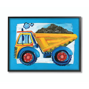 Stupell Industries Yellow Dump Truck With Blue Border, 24"x30", Black Framed