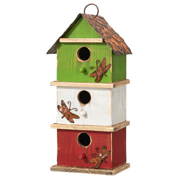 Three-Tiered Distressed Solid Wood Birdhouse