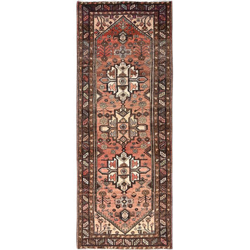 Sashay Red Old Hand Knotted Wide Runner Hamadan Oriental Rug 3'7" x 9'6"