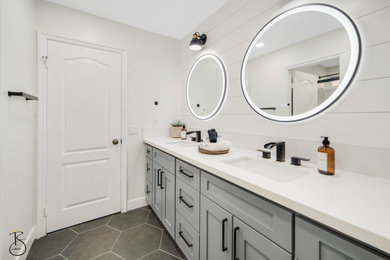 Mid-sized minimalist kids' black tile and slate tile ceramic tile, black floor, double-sink and shiplap wall bathroom photo in Los Angeles with shaker cabinets, gray cabinets, a one-piece toilet, white walls, quartz countertops, white countertops and a built-in vanity