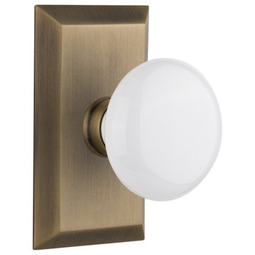 Double Studio Plate With White Porcelain Knob, Antique Brass
