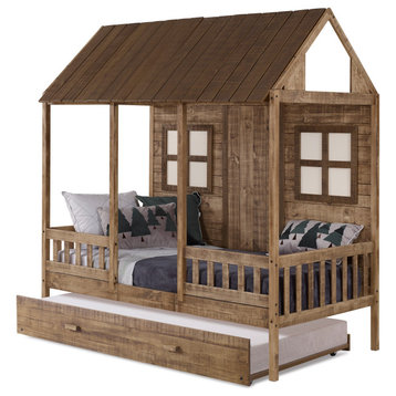 Twin Front Porch Low Loft In Rustic Driftwood Finish W/Twin Trundle Bed