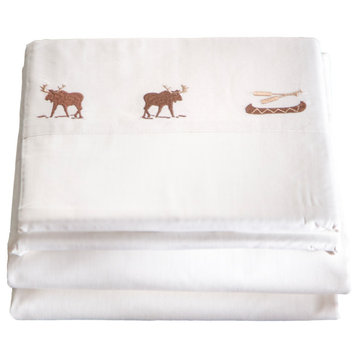 Embroidered Moose Cotton Cabin Bed Sheets, Off White, King