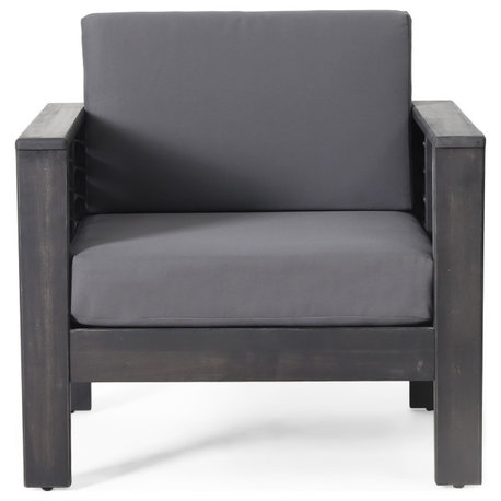Rabun Outdoor Acacia Wood Club Chairs with Cushions, Dark Gray, Single