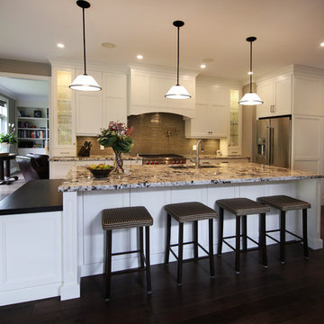 Open Transitional White Kitchen with Butcher Block