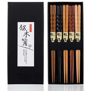 Heim Concept 5 Pair Organic Hardwood Japanese Reusable Wood Chopsticks, Fancy