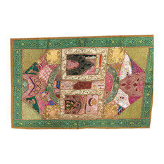 Mogulinterior - Indian Vintage Style Embroidered Green Wall Hanging Patchwork Home Decor - Tapestries