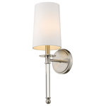 Z-Lite - Mila One Light Wall Sconce, Brushed Nickel - Graceful modern design creates a lift for contemporary bathrooms bedrooms and hallways with this elegant one-light wall sconce. Indulge in an artistic linear silhouette blending brushed nickel finish steel with delicate crystal forming an enticing vertical stem. A fresh white fabric shade seals the classic look of this sconce a perfect solution for a challenge of extra lighting.