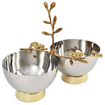Serene Spaces Living - Serene Spaces Living Orchid Stem Designed Twin Bowls With Gold Colored Base - If you're looking to create a modern vibe, vintage aesthetic, or air of elegance at your next event, these beautiful orchid stem designed twin silver bowl are just the decor you need. Made with stainless steel and brass, these dazzling twin bowl will add an uplifting and shiny style to centerpieces, table designs and flower arrangements. The twin bowls are attached by an orchid stem and boasts orchid designs on the sides of both the bowls. Each bowl measures 3.5 inches Tall and 5 inches Diameter. The total height of the product from top to bottom with the orchid stem is 8.5 inches Tall. You can count on quality and design with products from Serene Spaces Living.