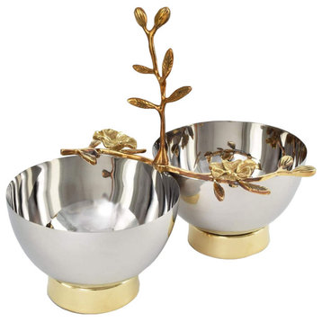 Serene Spaces Living Orchid Stem Designed Twin Bowls With Gold Colored Base