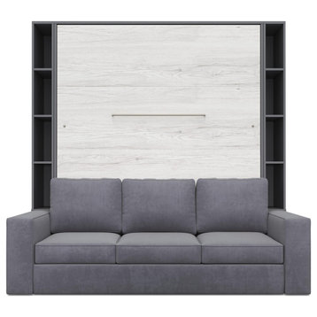 Wall Bed With Sofa, Cabinets, Queen, Gray/Light Gray Oak/Gray