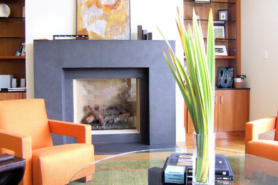 This is an example of a contemporary living room in San Francisco with white walls and a standard fireplace.