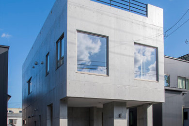 Foto de fachada de casa gris minimalista de tamaño medio de dos plantas con tejado plano