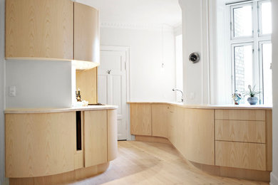 Design ideas for a mid-sized scandinavian galley separate kitchen in Copenhagen with light wood cabinets, wood benchtops, panelled appliances, light hardwood floors and no island.