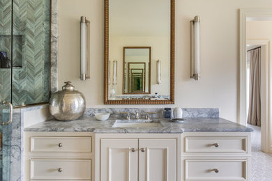 Large traditional master bathroom in Portland with beaded inset cabinets, white cabinets, an alcove shower, white walls, an undermount sink, a hinged shower door, grey benchtops and quartzite benchtops.