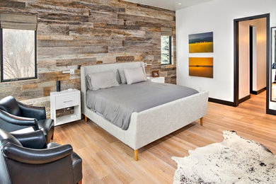 Bedroom - mid-sized modern guest light wood floor bedroom idea in Denver with white walls and no fireplace