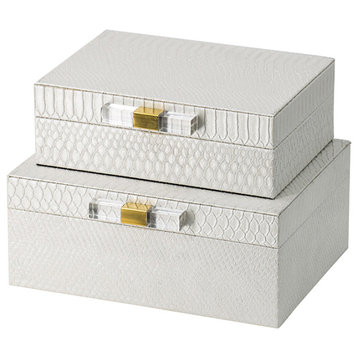 Snake Print Decorative Rectangular Boxes with Gold and Acrylic Handles Set of 2