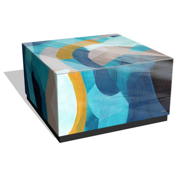 "Puzzle Blues I" Reverse Printed Art Glass Cocktail Table with Black Plinth Base