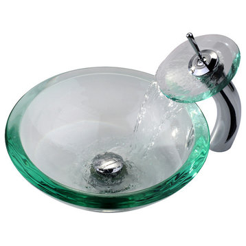 Glass Vessel Sink, Bathroom Waterfall Faucet, PU Drain, Mount Ring, Chrome