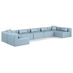 Meridian Furniture - Cube Upholstered Modular Sectional, Light Blue, 7-Piece: 5 Armless Chair, 2 Corner Chair, Vegan Leather - Elevate your space with the luxurious Cube Vegan Leather Modular Sectional. This modular sectional exudes modern elegance, charm, and comfort making it a perfect addition to any contemporary living space. Its clean lines and cube shape are reminiscent of minimalist design, while the plush light blue vegan leather upholstery adds a touch of luxury and sophistication. The chair's versatile construction and geometric aesthetic seamlessly integrate into various design styles, from sleek living rooms to chic home offices, embodying the essence of modern design and creating a sense of order and tranquility in your space.