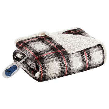 Woolrich Ridley Oversized Plaid Print Faux Mink to Berber Heated Throw, Black