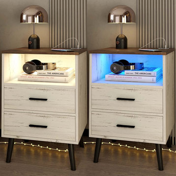 Smart Nightstand Set of 2 with Charging Station, LED Bedside Table with 2 Drawer