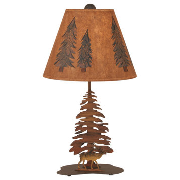 Charred Iron Nature Scene Table Lamp With Single Tree and Elk