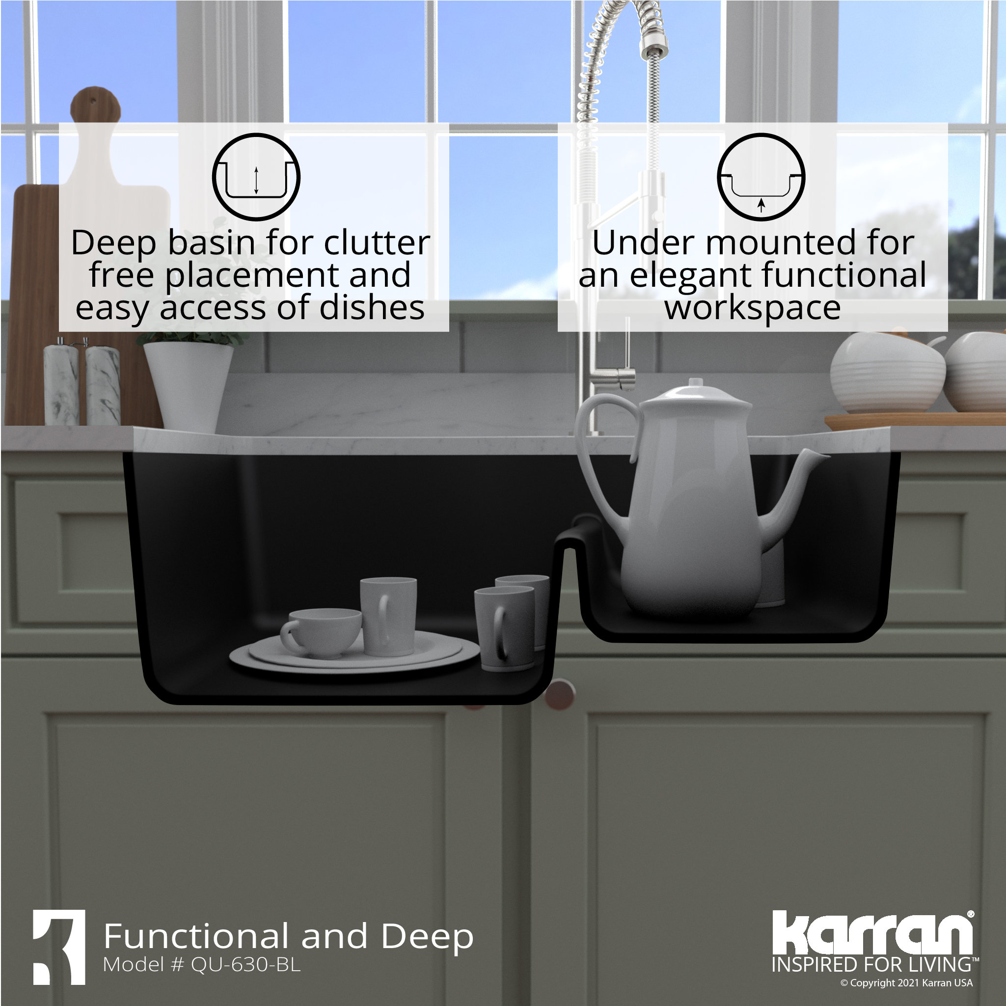 Karran Undermount Quartz 32" 60/40 Double Bowl Kitchen Sink, Black