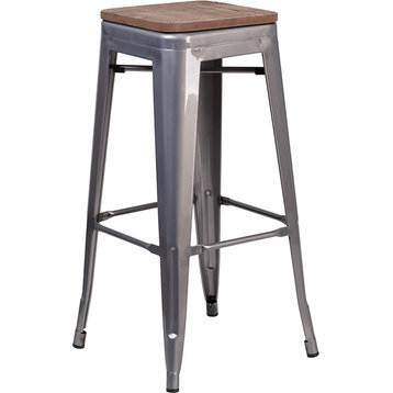 30" High Backless Metal Barstool With Square Wood Seat, Clear Coated