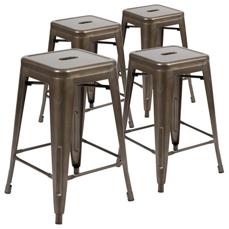 24" High Metal Indoor Bar Stool, Gun Metal Gray, Stackable Set of 4