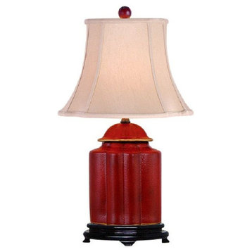 Chinese Red Lacquer Porcelain Scallop Ginger Jar Table Lamp Shade and Finial 22"