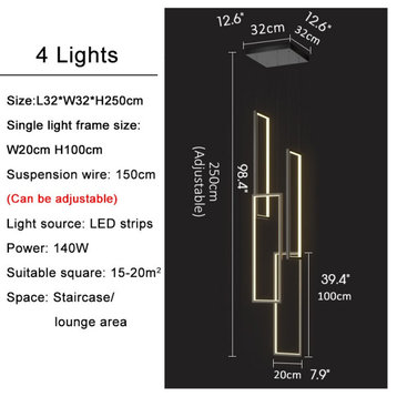 Lavagna | Ultramodern Rectangle Hanging LED Chandelier, Black, 4 Lights (H98.4"), Cool Light, Dimmable