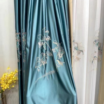QYHL226D Silver Beach Embroidered Lotus Flower Faux Silk Curtains